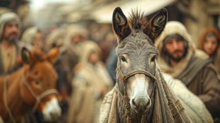 a detailed portrait of the donkey that Jesus rode into Jerusalem. The donkey standing calmly amidst the bustling crowd,