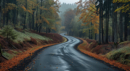 Obraz premium A long winding road at forest. Generative AI.