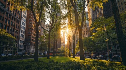 Fototapeta na wymiar Sunlight Streaming Through City Park Trees