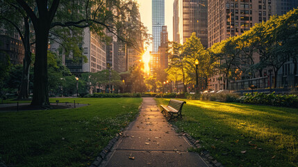 Naklejka premium Sunlight Streaming Through City Park Trees