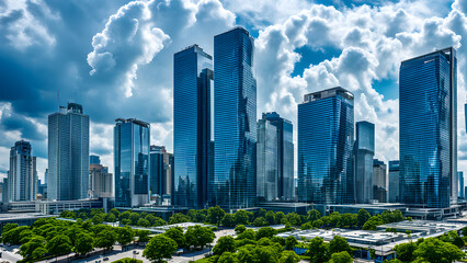 Urban skyline, high-rise building complex, business center office building, modern city center with a strong sense of technology