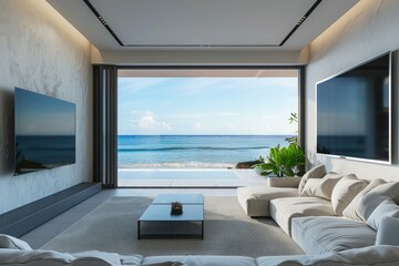 3D rendering of modern living room with TV screen and sofa on sea background.