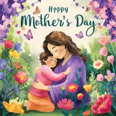mother and child in a blooming garden, surrounded by vibrant flowers and butterflies, the mother tenderly embracing her child with a warm smile, conveying love and gratitude, Illustration