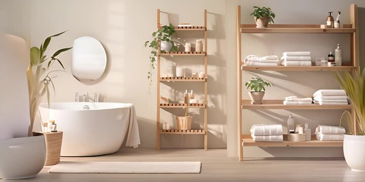 Sustainable bathroom interior with bath accessories and white towel on wooden shelf with potted plants. Eco friendly bathroom interior. 4K Video