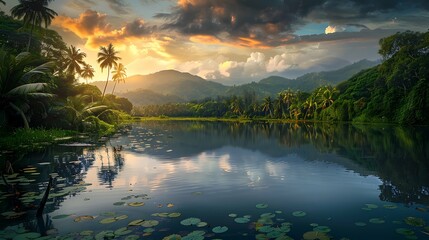 Beautiful paradise landscape picture, sky and clouds, nature, grass, meadow, river, wallpaper...