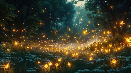 Fireflies Glowing in the Enchanting Evening Forest Landscape