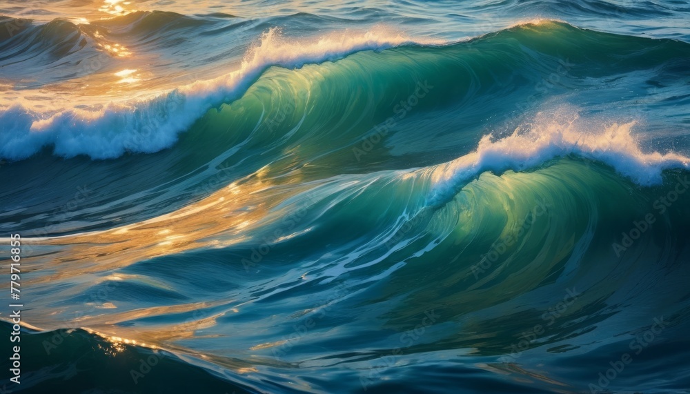 Poster a close-up view of vibrant ocean waves captured during the golden hour, highlighting the dynamic mot