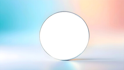 An empty transparent blank round object resembling a round mirror on a minimalist blue and pink background