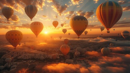 Sunset full of hot air balloons, landscapes and ultra-realistic objects. Generative AI.
