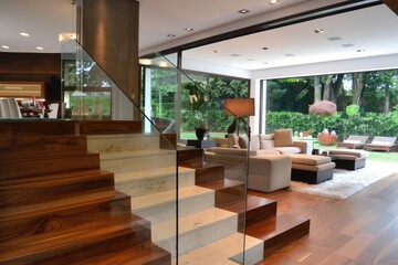 A contemporary interior design element featuring glass fencing and wooden stairs