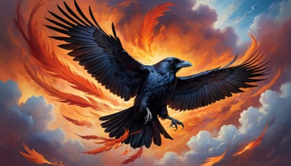 Fototapeta premium A powerful raven soars with outstretched wings against a dramatic backdrop of a sky ablaze with the fiery hues of sunset.. AI Generation
