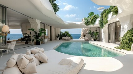 A luxury pool terrace with plants and white concrete, a view of the swimming pool in front, surrounded by terraces with outdoor furniture, an elegant sofa next to it. Generative AI.