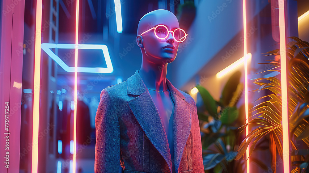 Poster mannequin placed in a niche with neon lighting. the mannequin is in a clothing store, emphasize clea