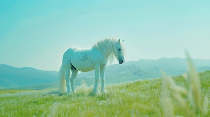 White horse, soft pastel colors, minimalism, sky blue background, serenity and calm, photography,...
