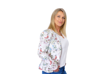 Adult woman happy and successful isolated on free PNG background. Happy middle aged business woman ceo standing isolated on the white background.