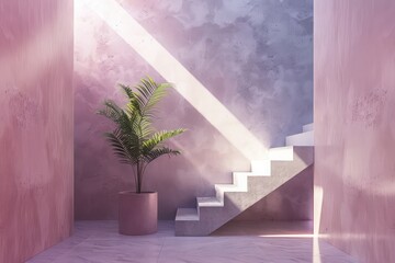A staircase with a plant in the middle of it