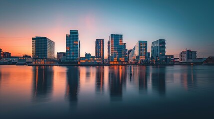 Fototapeta premium Sunset Skyline Reflection on City River