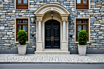 Portal of a residential house with a stone facade and bollards on the sidewalk