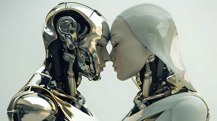 futuristic male and female robot portrait touching each other to show love emotion.
White tone robot like love sensation emotional. White metal skin tones with loves.