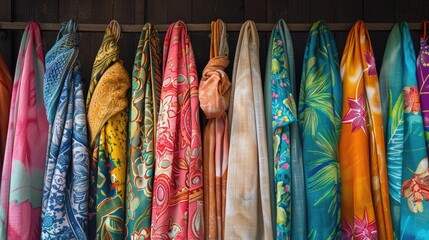 Vibrant Tropical Sarongs Showcasing Diverse Textile Designs and Patterns for Beach and Resort Wear - obrazy, fototapety, plakaty