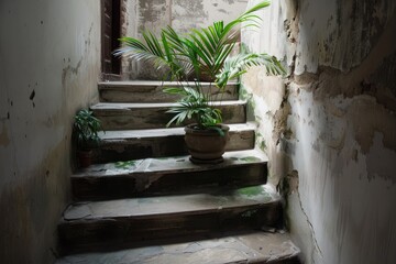 A staircase with a plant in the middle of it