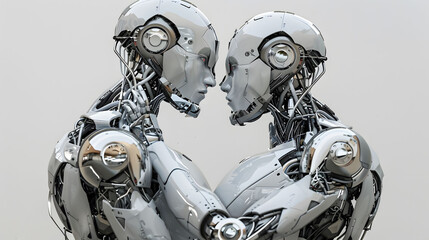 futuristic male and female robot portrait touching each other to show love emotion.
White tone robot like love sensation emotional. White metal skin tones with loves.