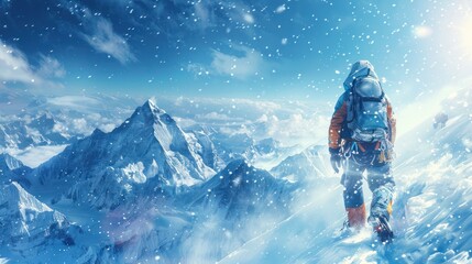 The ice climber is dressed in ice climbing gear, surrounded by pristine white snow, while snowflakes gently fall around them, all set against a wide vista of mountain peaks. - obrazy, fototapety, plakaty