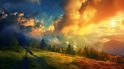 Naklejka na ściany i meble Beautiful paradise landscape picture, sky and clouds, nature, grass, meadow, river, wallpaper background