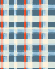 Blue plaid Seamless Hand Drawn pattern. Watercolor Gingham Window pane grid plaid Stripes pattern