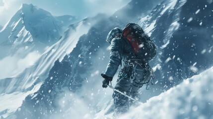 The ice climber is dressed in ice climbing gear, surrounded by pristine white snow, while snowflakes gently fall around them, all set against a wide vista of mountain peaks.