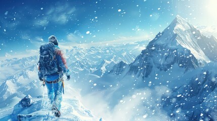 The ice climber is dressed in ice climbing gear, surrounded by pristine white snow, while snowflakes gently fall around them, all set against a wide vista of mountain peaks. - obrazy, fototapety, plakaty