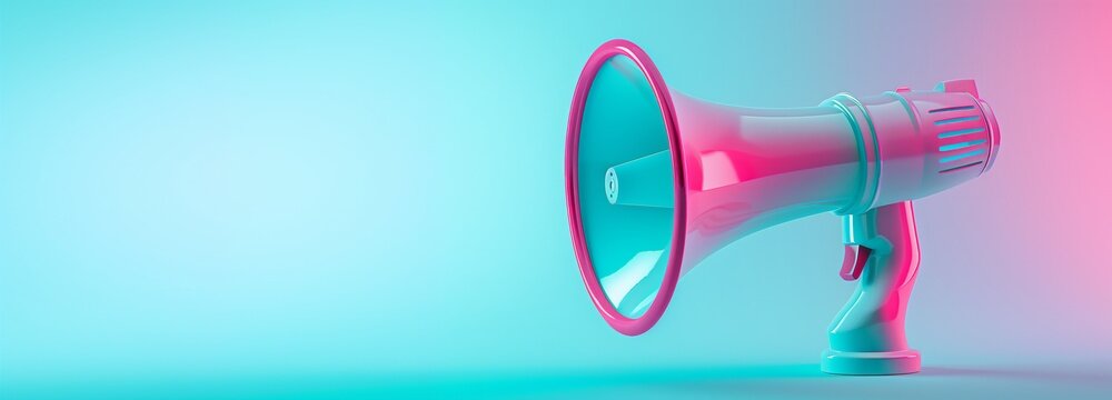 Pink and blue megaphone on a blue background, Loudspeaker speaker bullhorn alert, Advertising and business promotion template, AI generated