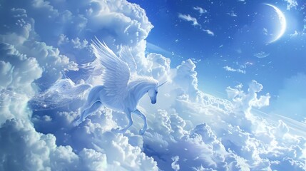 A fantasy scene of a couple riding a white pegasus through a cloud-filled sky, leaving a trail of shimmering white glitter in their wake, on their way to a romantic White Day celebration