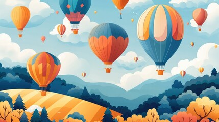 Fototapeta premium illustration pattern with hot air balloons floating over landscapes. Generative AI.