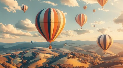 illustration pattern with hot air balloons floating over landscapes. Generative AI.