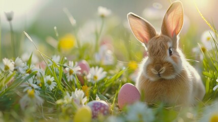 Adorable Bunny With Easter Eggs In Flowery Meadow with copy space. Banner