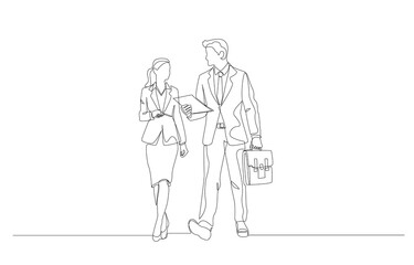 Continuous one line drawing of businessman and businesswoman talking about work while walking, business discussion concept, single line art.