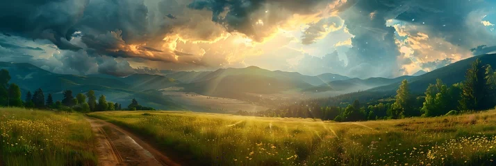 Ingelijste posters Beautiful paradise landscape picture, sky and clouds, nature, grass, meadow, river, wallpaper background © Filip