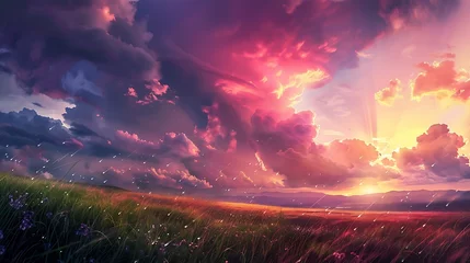 Fotobehang Beautiful paradise landscape picture, sky and clouds, nature, grass, meadow, river, wallpaper background © Filip