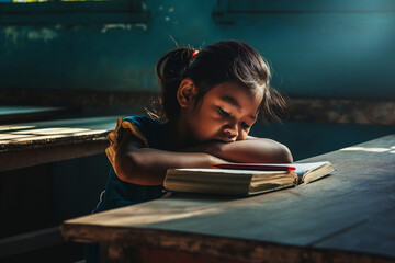 A child struggles to read in a dimly lit classroom.