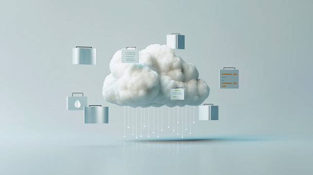 A brain-shaped cloud with floating data icons, symbolizing cognitive computing.