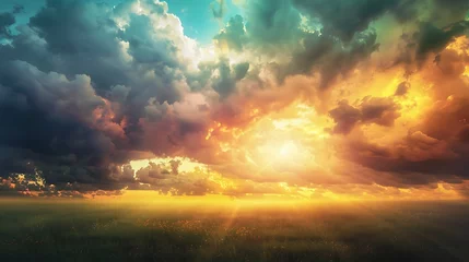 Foto op Canvas Beautiful paradise landscape picture, sky and clouds, nature, grass, meadow, river, wallpaper background © Filip
