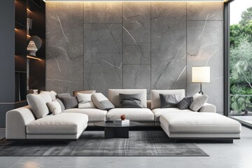 Beautiful modern interior with sofa. 3D rendering