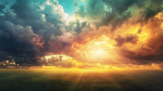 Beautiful paradise landscape picture, sky and clouds, nature, grass, meadow, river, wallpaper background