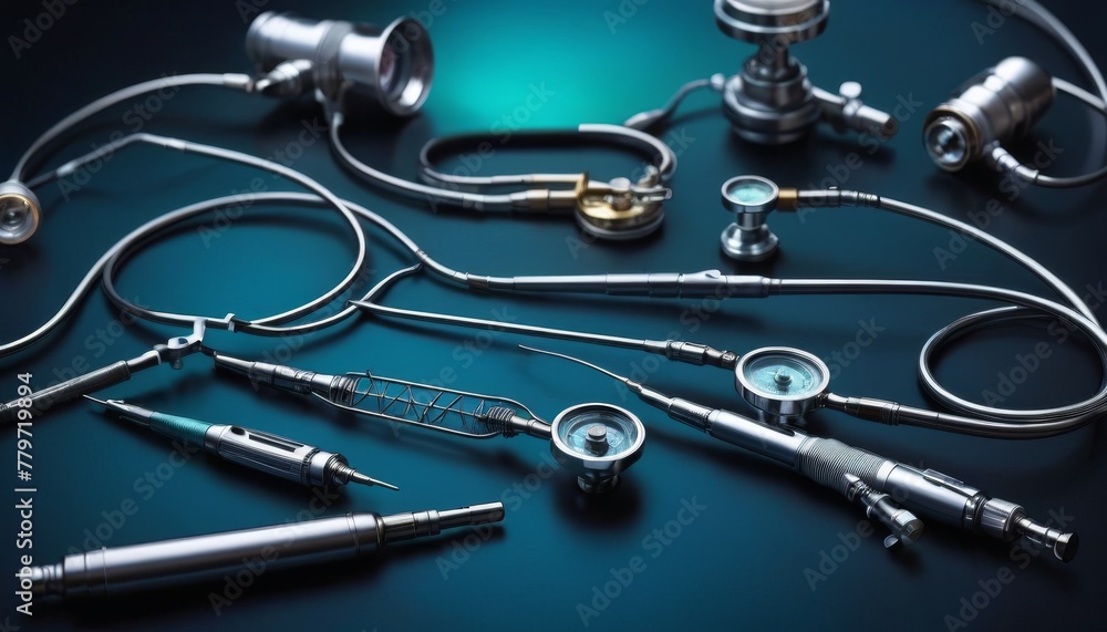 Poster a diverse array of precise medical instruments laid out on a dark surface, showcasing the variety of