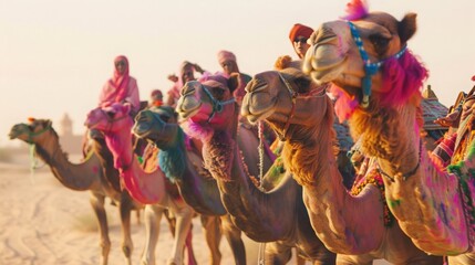 A group of people on a camel safari in the desert, celebrating Holi. The camels are adorned with safe, organic colors.