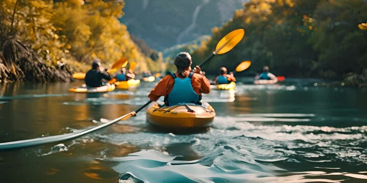 A group of people are pictured paddling down a river in kayaks. This image can be used to depict outdoor recreational activities and team adventures. 4K Video