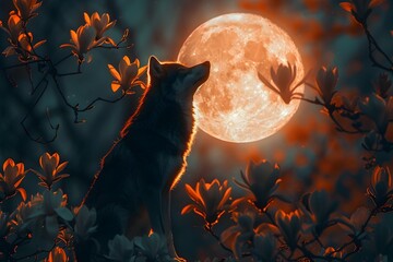 A Captivating Silhouette of a Wolf Framed by the Luminous Full Moon and Delicate Magnolia Blossoms