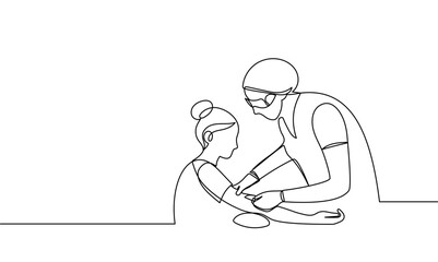 A continuous line nurse takes blood from a vein, gives an injection, and draws blood for laboratory analysis. Medical manipulation. National Nurses Day. Line art vector