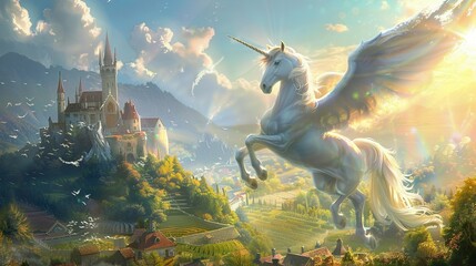 landscape with unicorn - obrazy, fototapety, plakaty